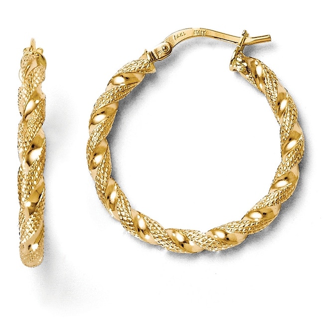Italian 14k Gold Polished and Textured Twisted Hoop Earrings